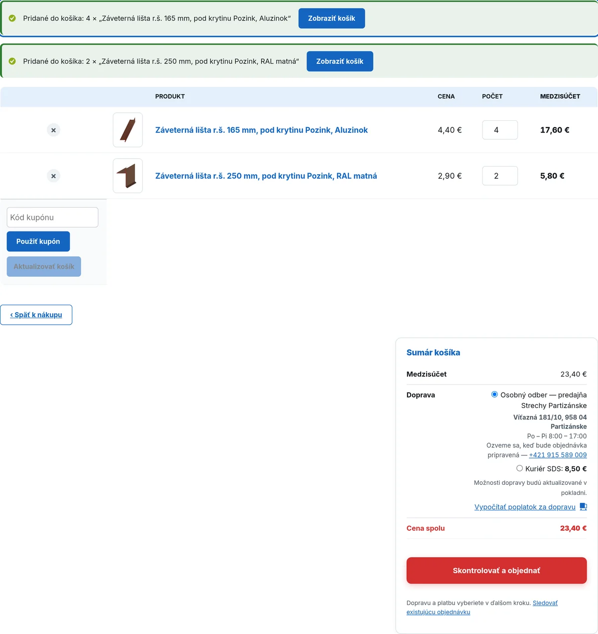 Košík eshopu s dvomi položkami, medzisúčtom a výberom dopravy: osobný odber zadarmo alebo kuriér SDS za 8,50 €