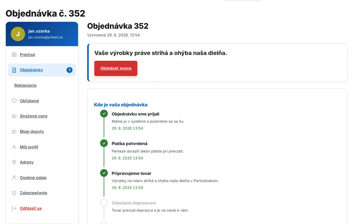 Detail objednávky v zákazníckom účte s časovou osou: objednávku sme prijali, platba potvrdená, pripravujeme tovar