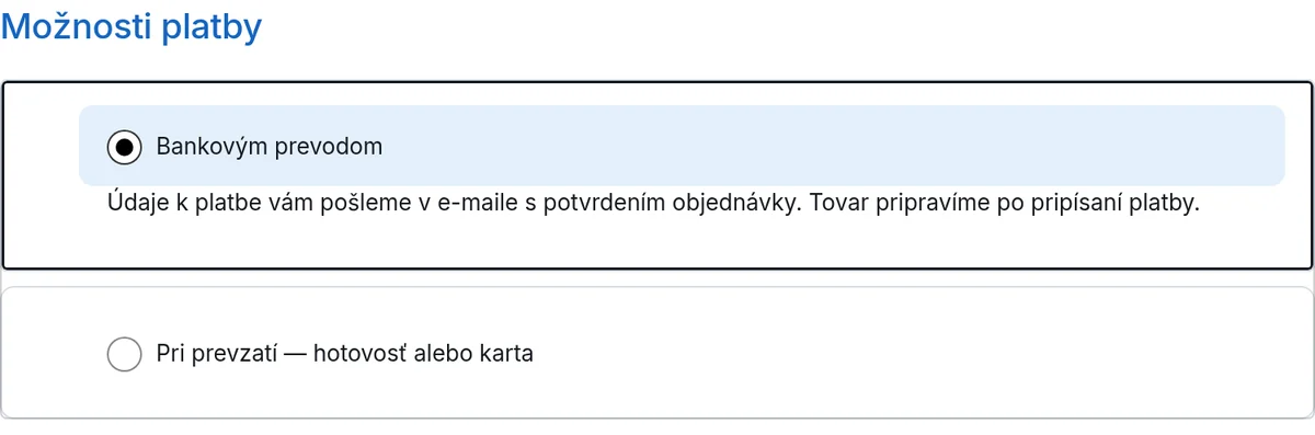 Výber platby v pokladni: bankový prevod alebo platba pri prevzatí hotovosťou či kartou